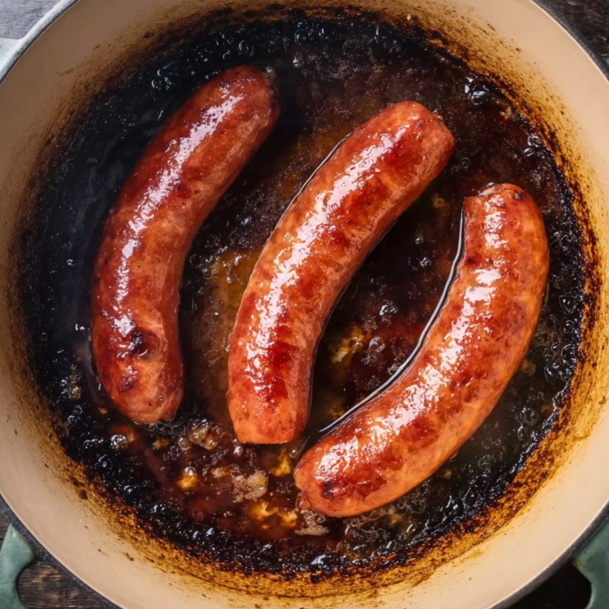 Easy Kielbasa Potato Soup | One Pot Comfort Food 10 Kielbasa sausage browning in a Dutch oven with caramelized fond on the bottom, sizzling sausage links, stovetop cooking, rustic food styling, overhead shot, cinematic lighting