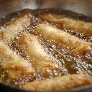 Crispy Lumpia Recipe | Easy Filipino Spring Rolls 16 Lumpia spring rolls frying in hot oil in a pan, bubbling and turning golden brown during the cooking process