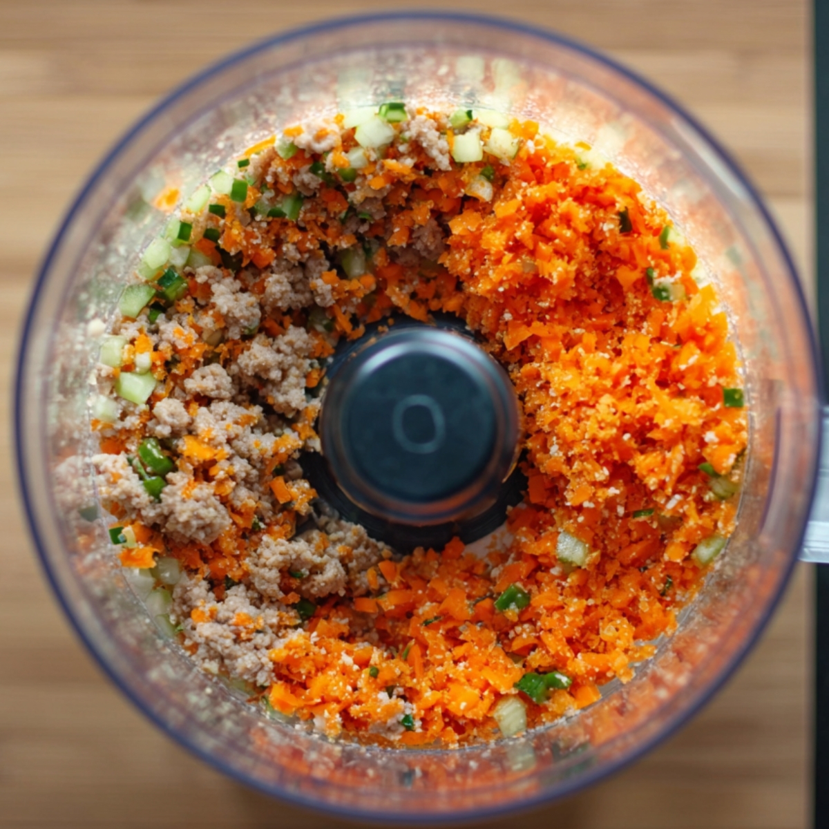 Crispy Lumpia Recipe | Easy Filipino Spring Rolls 10 Overhead view of a food processor filled with finely chopped vegetables and ground meat for lumpia filling