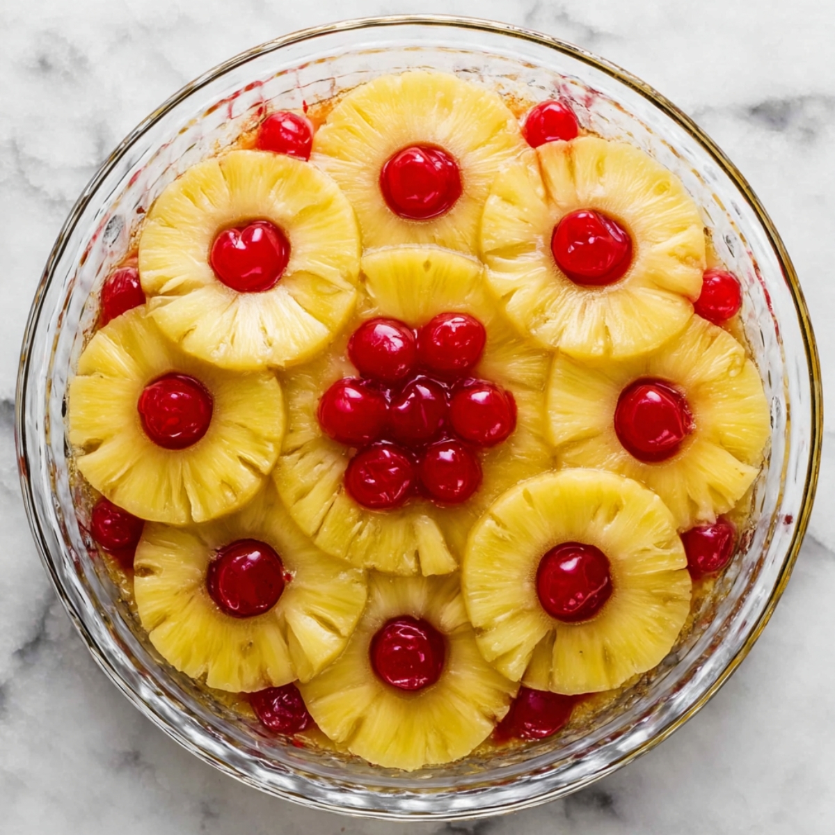 Pineapple Upside Down Cake Recipe | Old Fashioned & Easy 11 A close-up of a glass baking dish filled with a mixture of melted butter and brown sugar. The sugar is sprinkled on top, with a rich caramelized texture forming at the bottom, setting the stage for a classic pineapple upside-down cake.