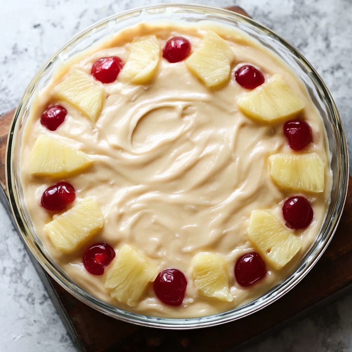 Pineapple Upside Down Cake Recipe | Old Fashioned & Easy 12 A smooth, creamy layer of cake batter spread evenly over pineapple slices and cherries in a glass baking dish. The batter looks soft and velvety, ready to be baked into a delicious pineapple upside-down cake