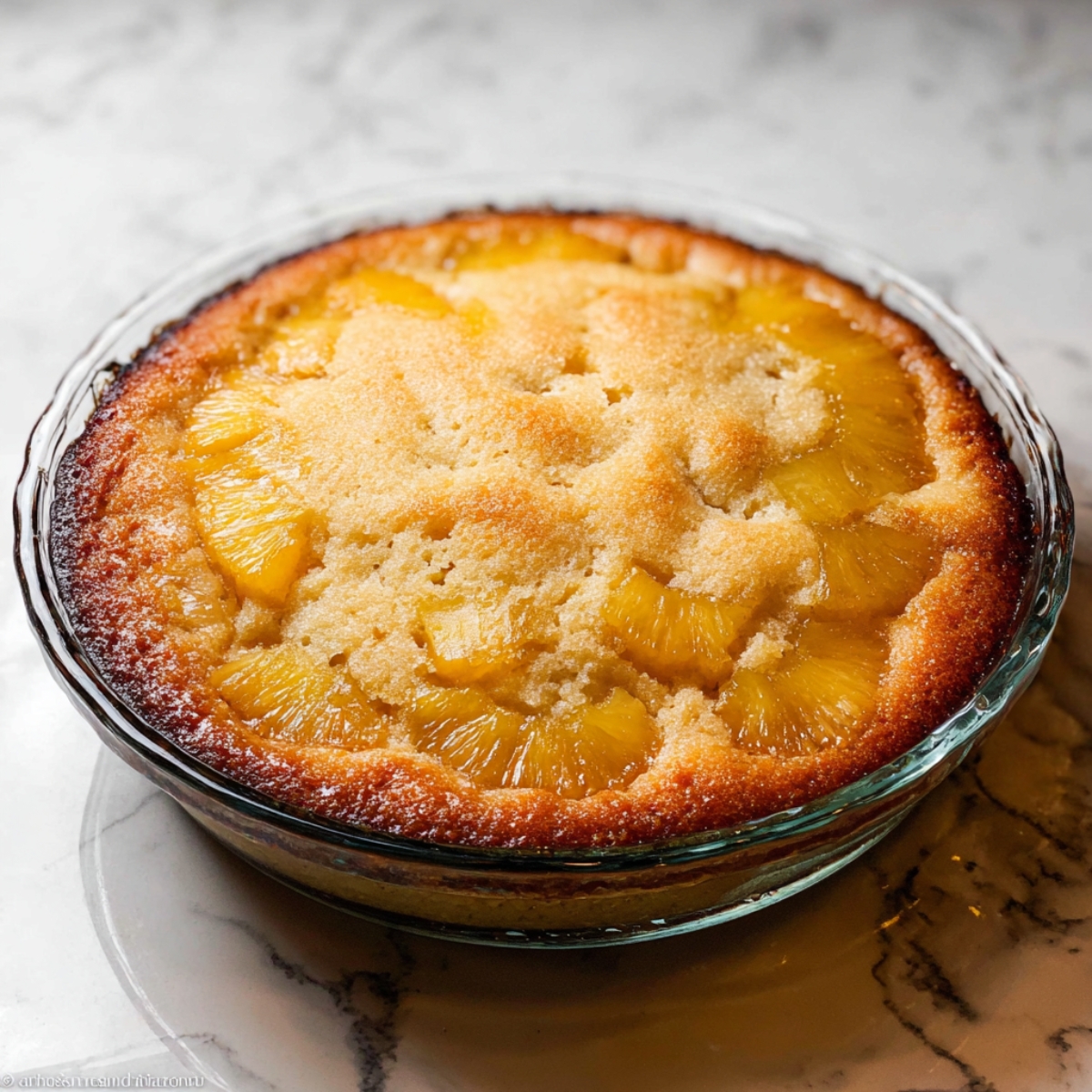 Pineapple Upside Down Cake Recipe | Old Fashioned & Easy 13 A golden-brown, freshly baked pineapple upside-down cake in a glass baking dish. The top is slightly crispy, and the edges of the pineapple are caramelized, creating a perfectly baked dessert.
