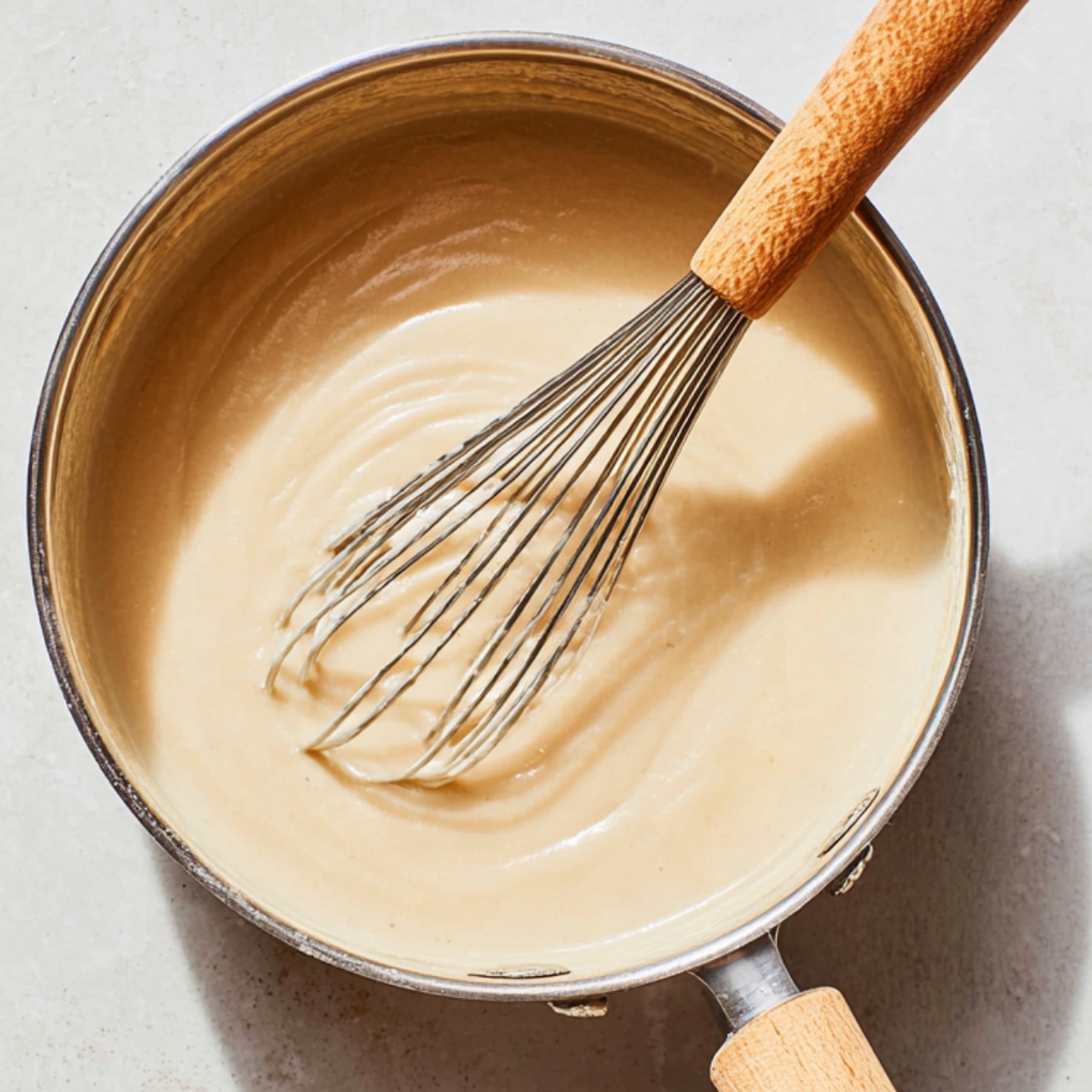 Healthy Rømmegrøt Recipe: Creamy Norwegian Porridge in 55 Minutes 12 Smooth creamy porridge being whisked in a saucepan, showing a thick and silky texture during the cooking process.