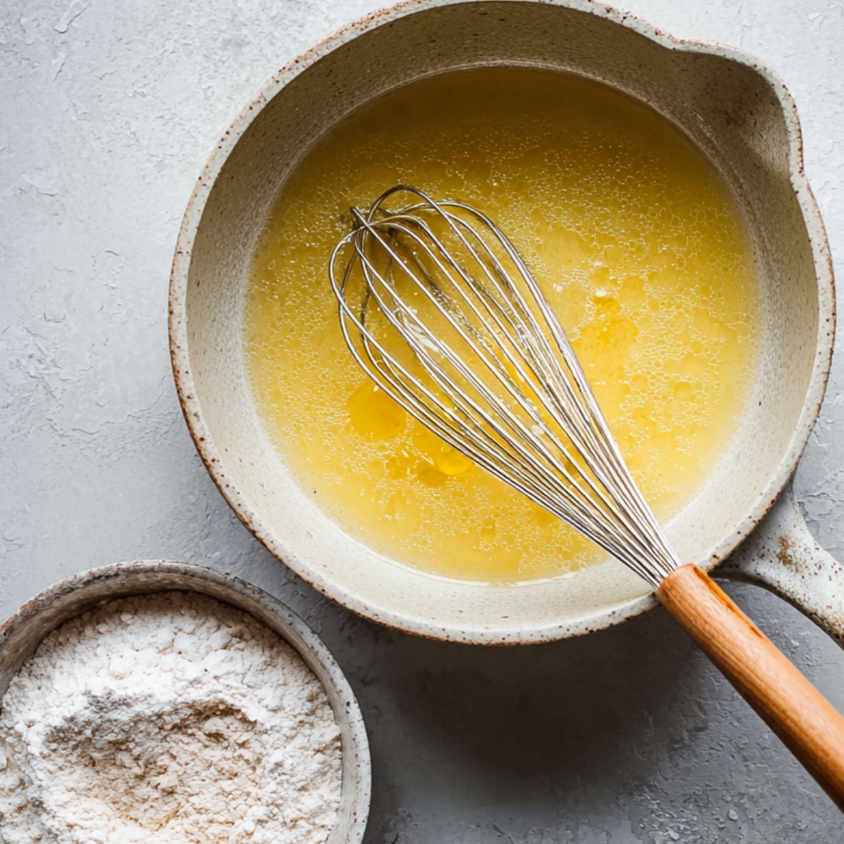 Healthy Rømmegrøt Recipe: Creamy Norwegian Porridge in 55 Minutes 10 Melted butter in a saucepan with a whisk resting inside, with a small bowl of flour beside it on a light textured surface.
