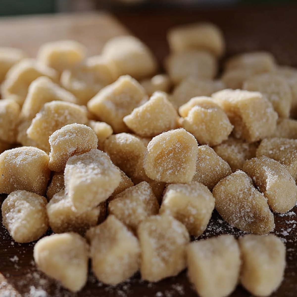 Struffoli Recipe Italian | Easy Honey-Coated Dough Balls 12 Raw struffoli dough pieces cut into small chunks and lightly dusted with flour on a wooden surface before frying.