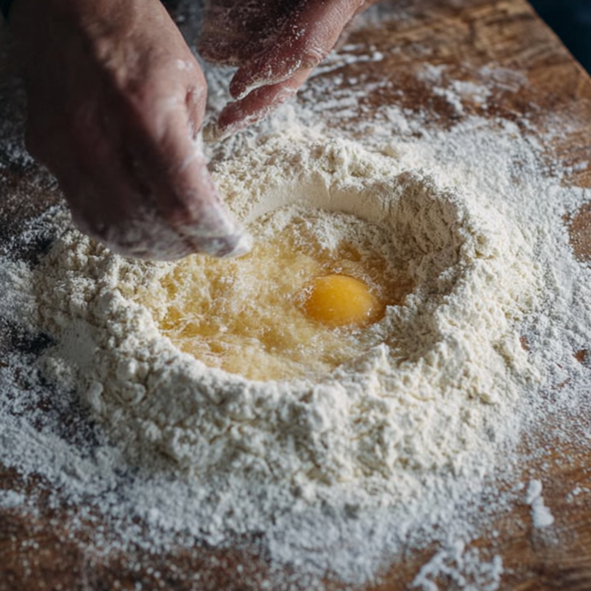 Struffoli Recipe Italian | Easy Honey-Coated Dough Balls 10 Hands mixing eggs into flour on a wooden work surface, traditional Italian dough preparation step.