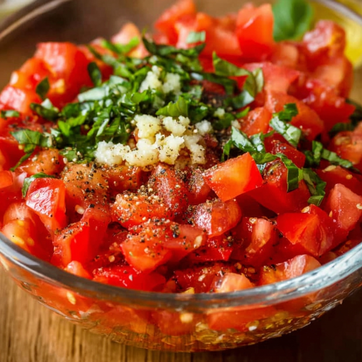 Easy Tomato Bruschetta Recipe | Ready in 37 Minutes 11 Glass bowl of diced tomatoes mixed with garlic, basil, olive oil, salt, and black pepper