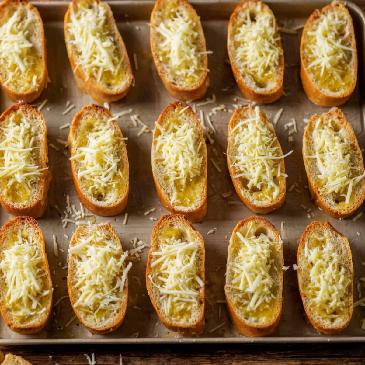 Easy Tomato Bruschetta Recipe | Ready in 37 Minutes 12 Overhead view of baguette slices topped with olive oil and shredded cheese on a baking tray