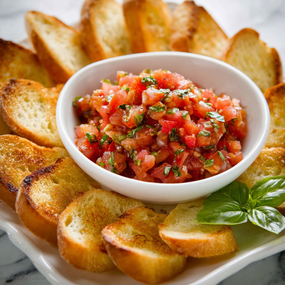 Easy Tomato Bruschetta Recipe | Ready in 37 Minutes 13 Fresh tomato bruschetta mixture served in a white bowl surrounded by toasted baguette slices