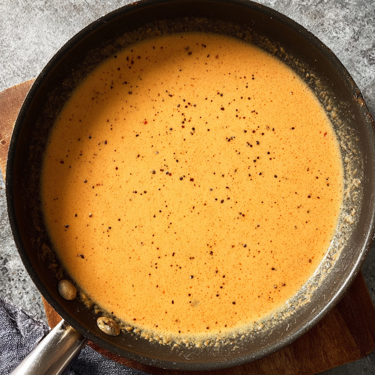 Southern Tomato Gravy Recipe | Classic Breakfast Comfort 11 Creamy gravy base cooking in a skillet, light orange color with black pepper specks, top-down view.