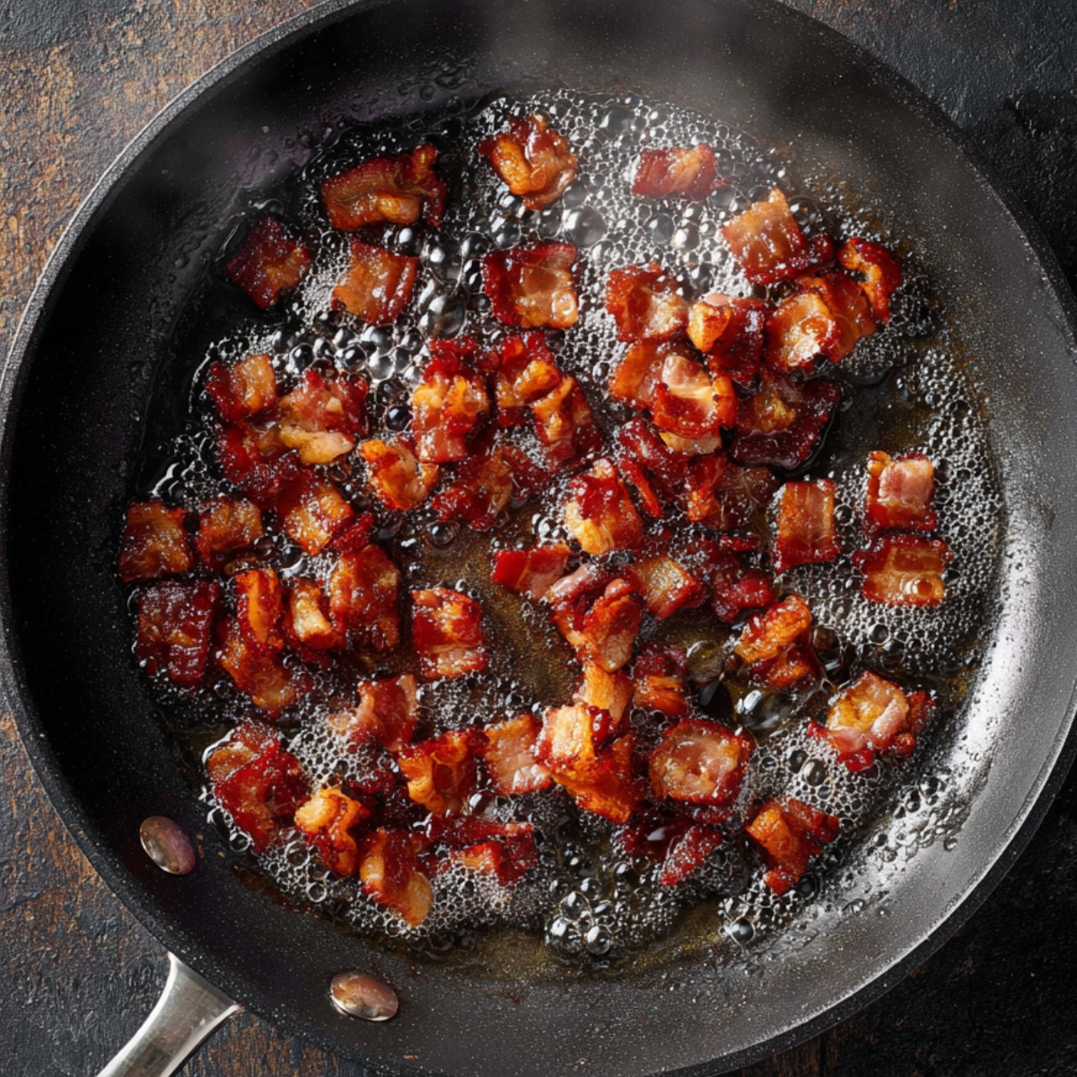 Southern Tomato Gravy Recipe | Classic Breakfast Comfort 10 Crispy bacon pieces frying in a nonstick skillet with rendered fat, overhead view.
