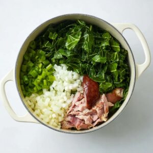 Best Turnip Greens Recipe - Smoked Turkey & Pot Liquor 17 Raw collard greens, chopped onion, green bell pepper, and smoked ham hock arranged in a pot before cooking.