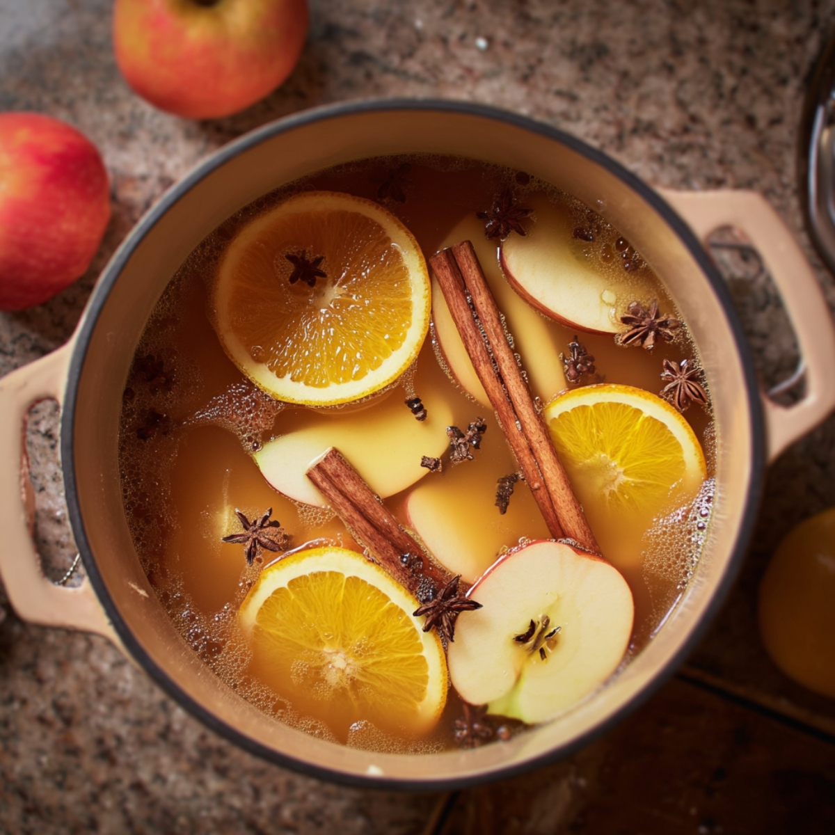 Easy 6-Ingredient Wassail Recipe | Holiday Spiced Cider 11 Overhead view of homemade wassail simmering in a pot with sliced oranges, apples, cinnamon sticks, and cloves.