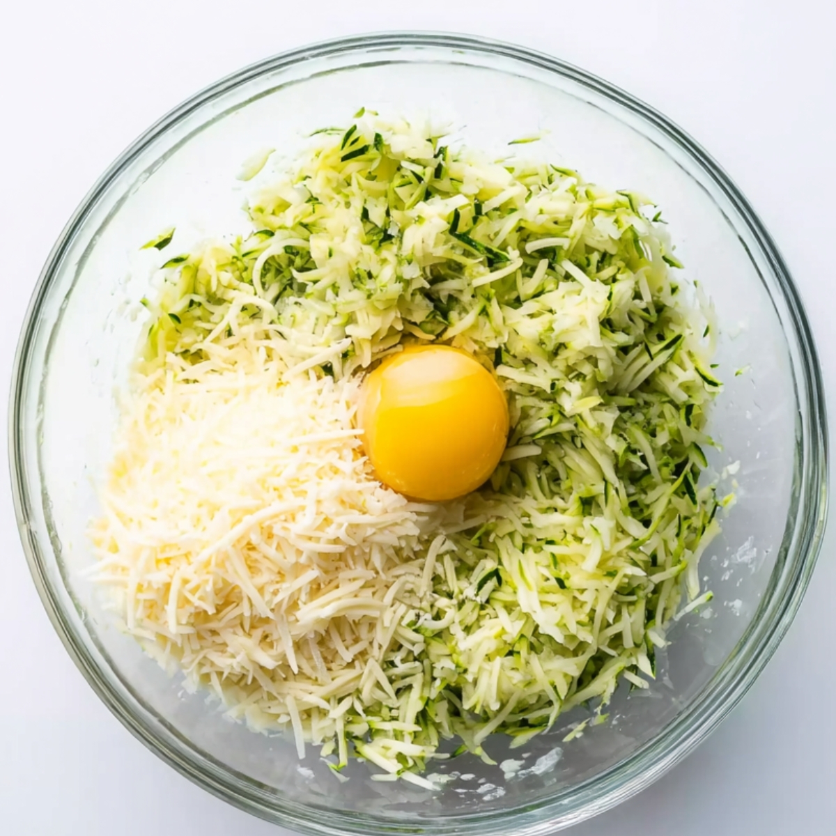 Zucchini Breadsticks Recipe | 5 Ingredients & Ready in 40 Min 10 Glass mixing bowl filled with grated zucchini, shredded cheese, and a whole egg before mixing for cheesy zucchini breadsticks