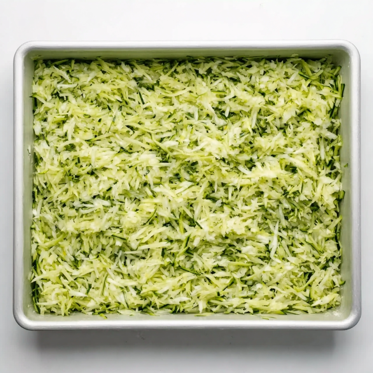 Zucchini Breadsticks Recipe | 5 Ingredients & Ready in 40 Min 11 Raw grated zucchini mixture evenly spread in a rectangular baking pan, preparing the base for zucchini breadsticks