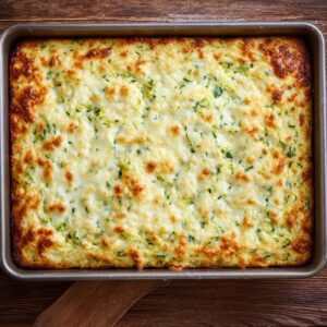 Zucchini Breadsticks Recipe | 5 Ingredients & Ready in 40 Min 17 Baked cheesy zucchini bread in a rectangular pan with golden brown melted cheese on top