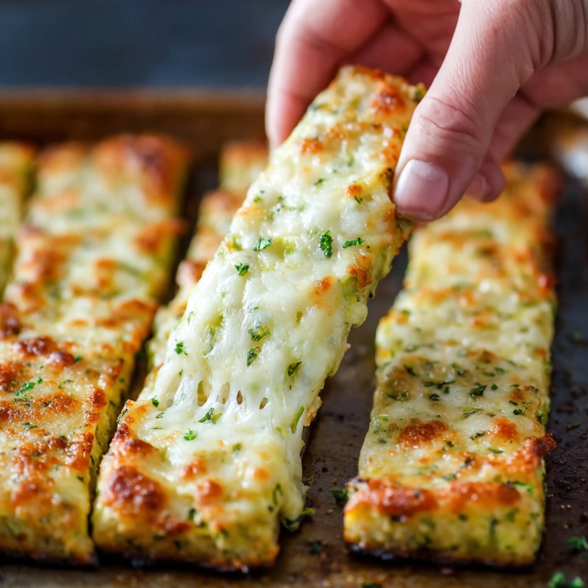 Zucchini Breadsticks Recipe | 5 Ingredients & Ready in 40 Min 13 Hand lifting a cheesy zucchini breadstick from a baking tray with melted mozzarella stretching