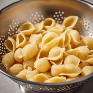 Easy Cheesy Taco Pasta Recipe 16 A close-up shot of perfectly cooked shell pasta in a colander. The shells are plump and well-drained, ready to be combined with a flavorful sauce or filling.