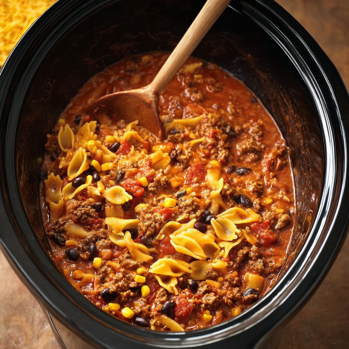 Easy Cheesy Taco Pasta Recipe 12 A slow cooker filled with cheesy taco pasta, featuring ground beef, black beans, corn, and a rich tomato-based sauce. It looks hearty and comforting, perfect for a family meal. The pasta is partially mixed with the sauce, and a wooden spoon is visible stirring the dish.