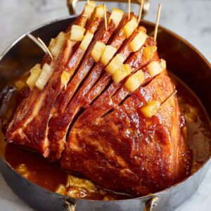 Healthy Baked Ham Recipe 15 A close-up of the baked ham in a roasting pan, with toothpicks securing pineapple slices in place, and a delicious glaze.