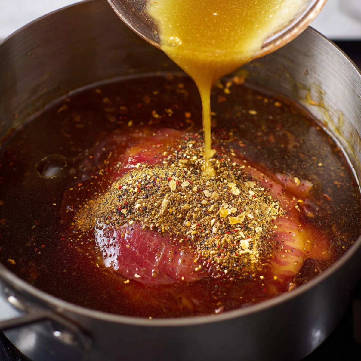 Healthy Baked Ham Recipe 10 The addition of mustard and black pepper to the sauce in the pan, a step in making the glaze.