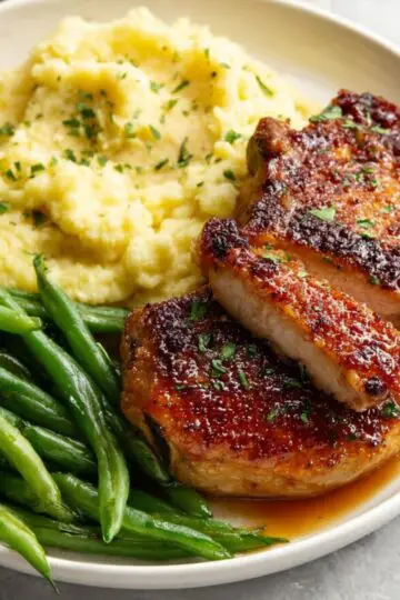 Air Fryer Pork Chops A plate of succulent pork chops served with mashed potatoes and green beans, showcasing a beautifully cooked dish.