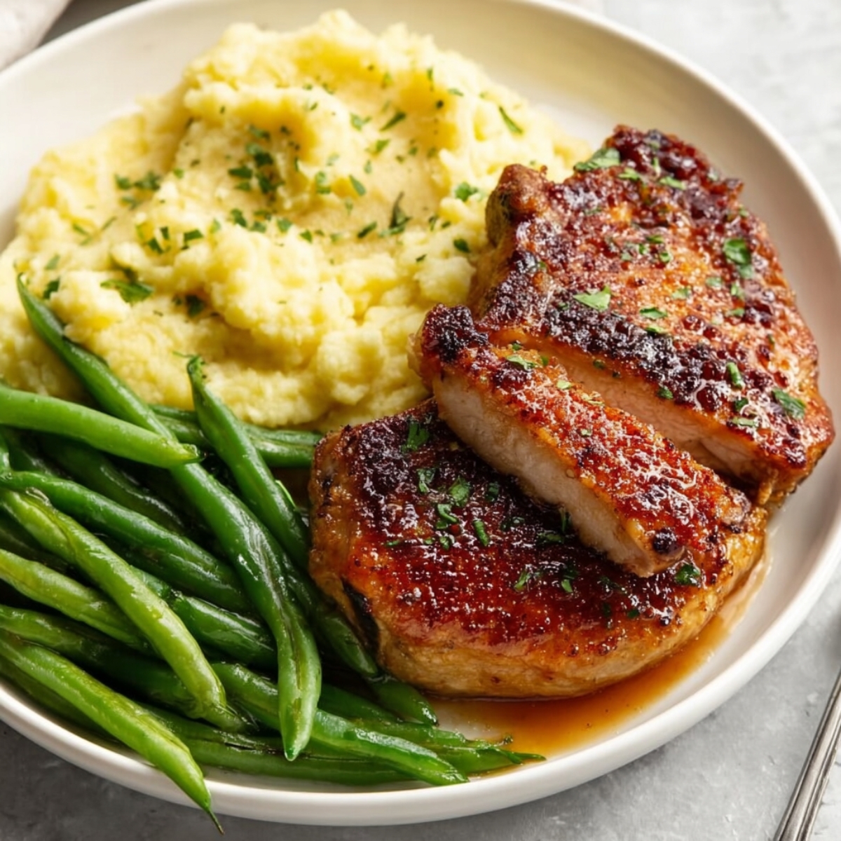 Air Fryer Pork Chops A plate of succulent pork chops served with mashed potatoes and green beans, showcasing a beautifully cooked dish.