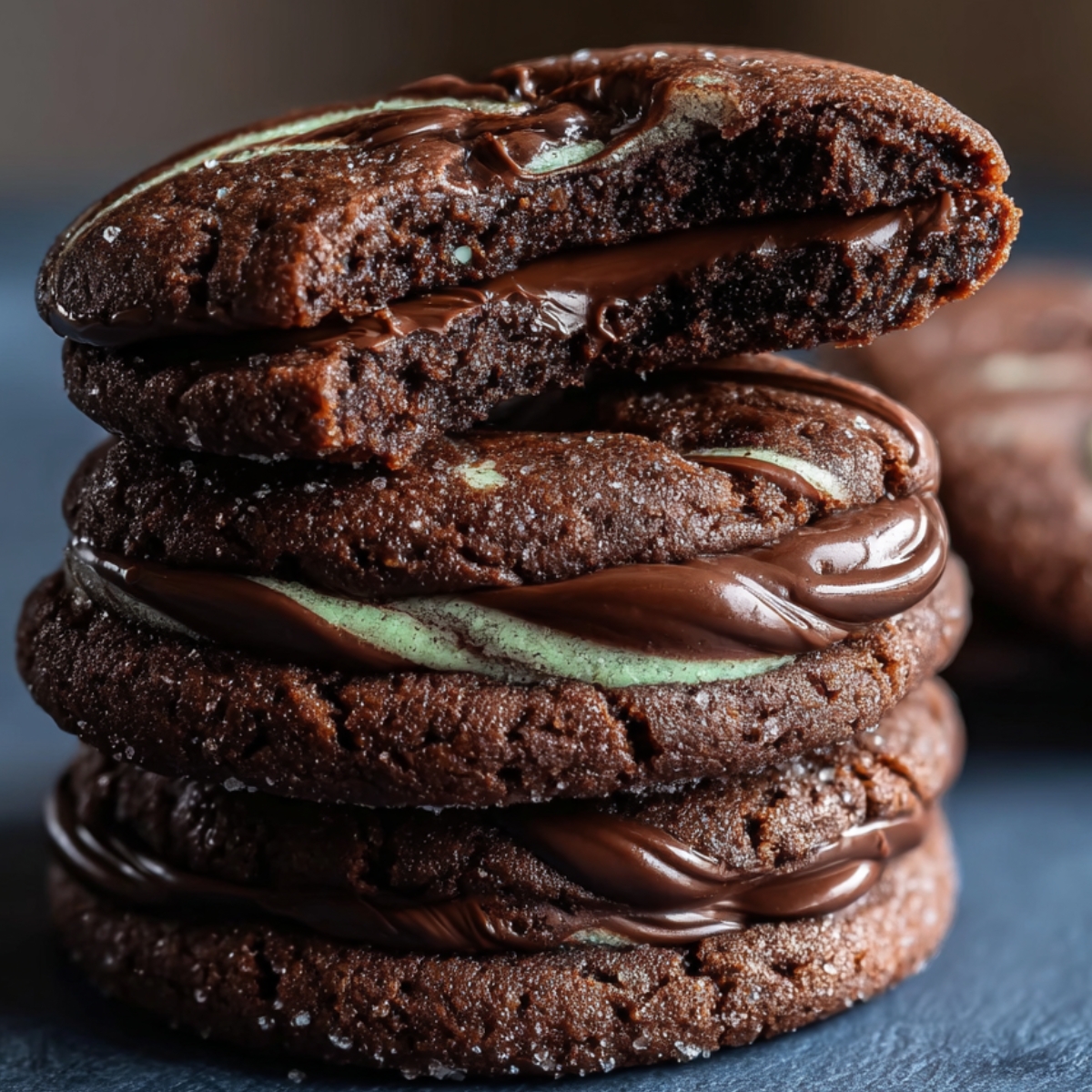 Delicious Andes Mint Chocolate Cookies Recipe 9 Andes mint chocolate cookies Stack of chocolate sugar cookies filled with a swirled chocolate and vanilla cream, set against a dark background with a close-up, dramatic look.