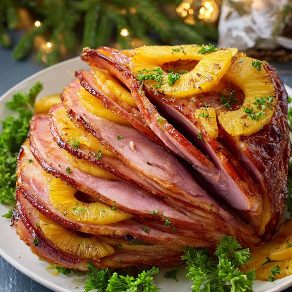 Healthy Baked Ham Recipe 9 Baked Ham A beautifully sliced baked ham with pineapple slices arranged between the layers, garnished with parsley.