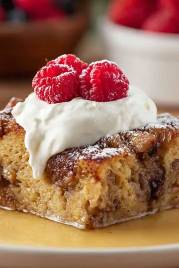 Easy Bread Pudding Recipe 2 Bread Pudding A delicious slice of bread pudding served with a dollop of whipped cream and fresh raspberries on top, set on a white plate with a backdrop of berries and a cozy kitchen scene.