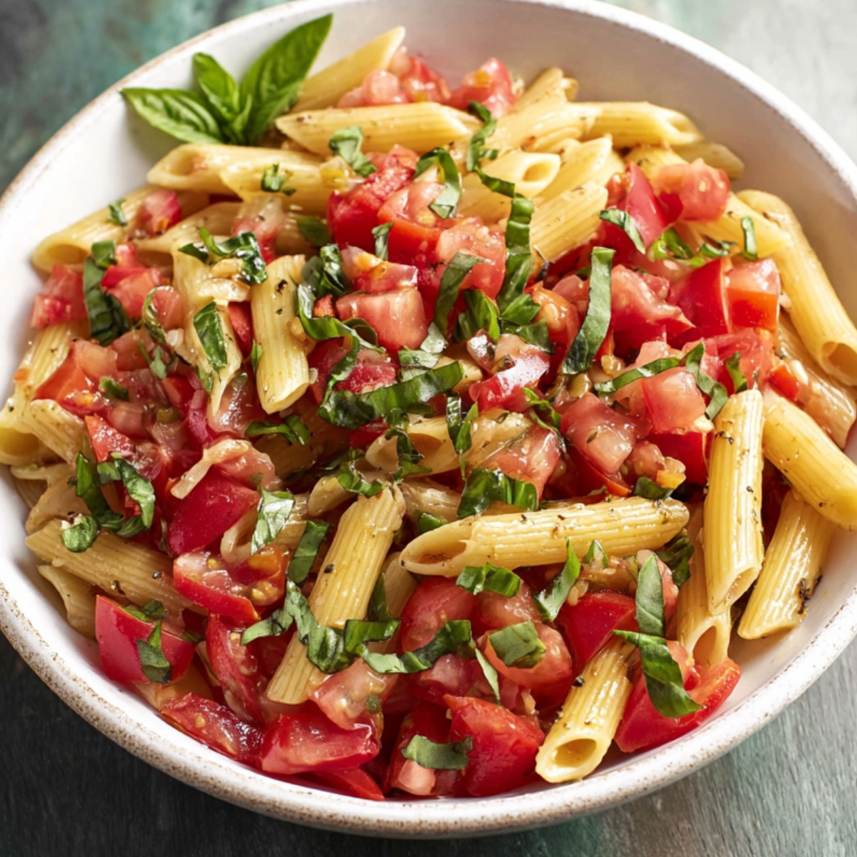 Bruschetta Pasta Create a recipe for a vibrant summer pasta salad with fresh tomatoes and basil. Describe how to toss cooked penne pasta with diced tomatoes, fresh basil, and a light vinaigrette or olive oil dressing. Offer tips on seasoning and suggest optional additions, like mozzarella or red onions, to enhance the dish's flavor.