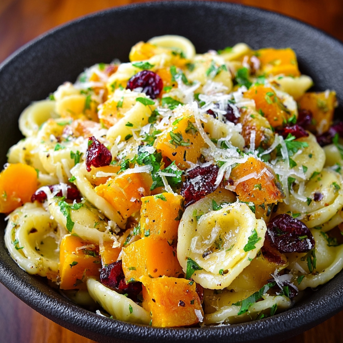 Butternut Squash Pasta Salad A black bowl filled with orecchiette pasta mixed with roasted butternut squash cubes, dried cranberries, chopped parsley, and topped with grated Parmesan cheese on a wooden surface.