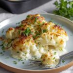 Cauliflower Gratin A plate of freshly baked cauliflower gratin, featuring golden-brown, cheesy, and creamy florets with a crispy top. The dish is garnished with freshly chopped parsley and served with a fork on the side.