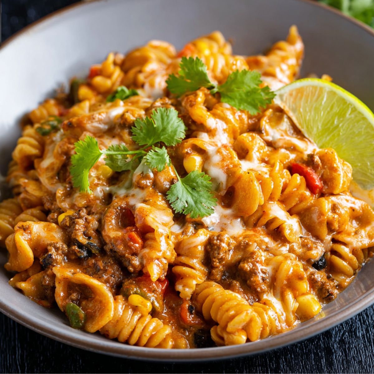 Cheesy Taco Pasta A bowl of cheesy taco pasta served on a plate, garnished with fresh cilantro and a wedge of lime. The pasta is rich, creamy, and packed with flavors from the taco seasoning, ground beef, and vegetables.