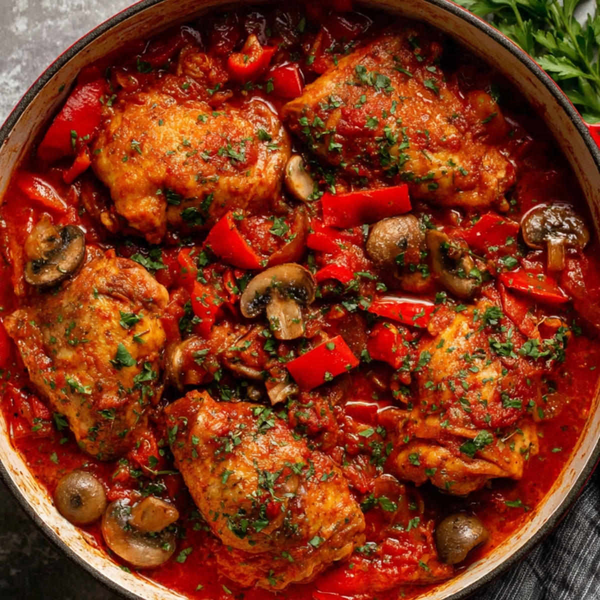 Chicken Cacciatore A delicious chicken cacciatore simmering in a rich tomato sauce with bell peppers, mushrooms, and herbs, perfect for a comforting, hearty meal.
