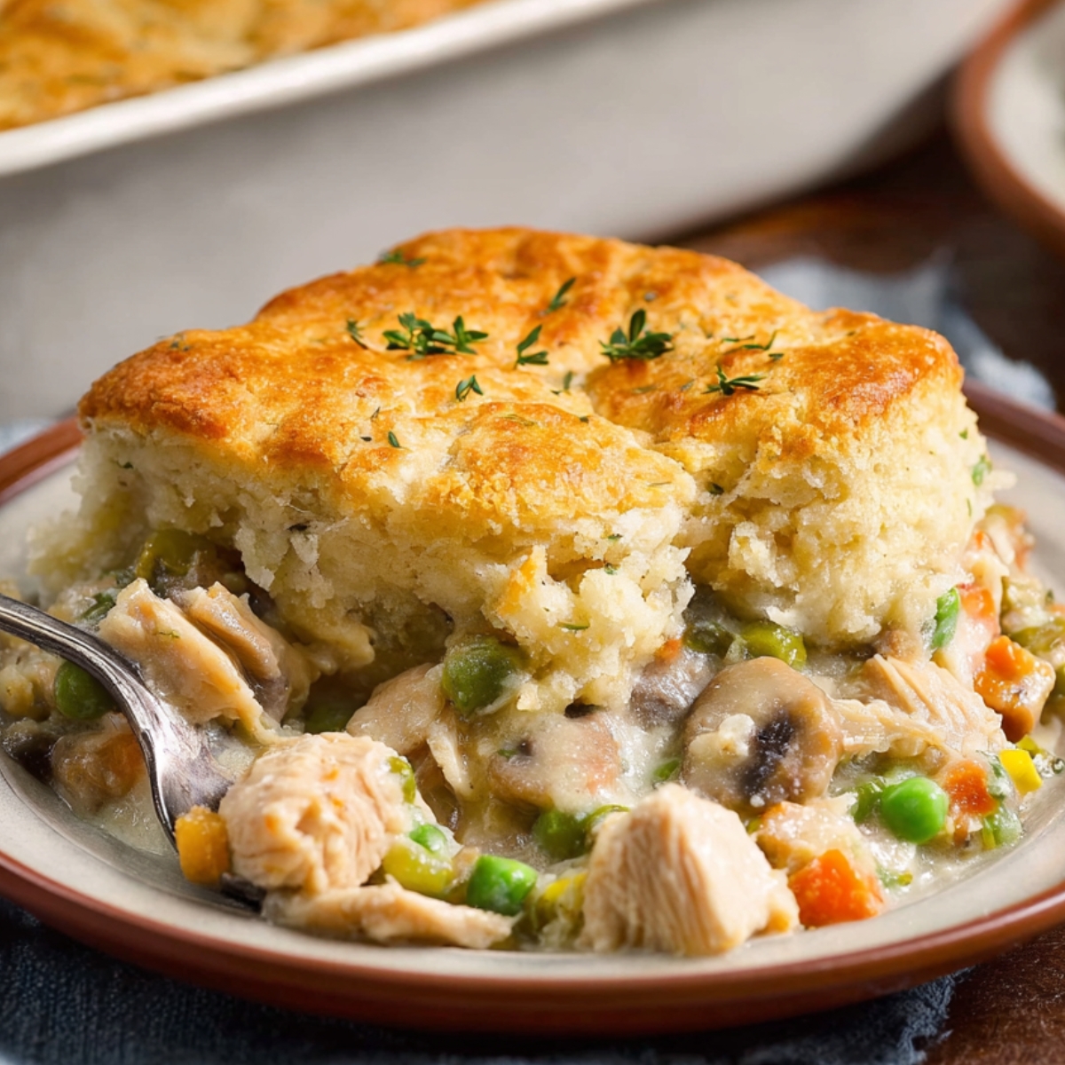 Chicken Cobbler A serving of the finished chicken cobbler with a golden biscuit topping, revealing the creamy filling with chicken, vegetables, and sauce.