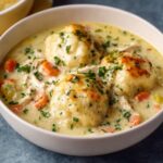 Chicken and Dumplings with Biscuits A comforting bowl of turkey and dumplings, with fluffy dumplings floating in a rich, creamy broth. The dish features tender turkey pieces and a medley of vegetables like carrots and celery, making it the perfect hearty meal.