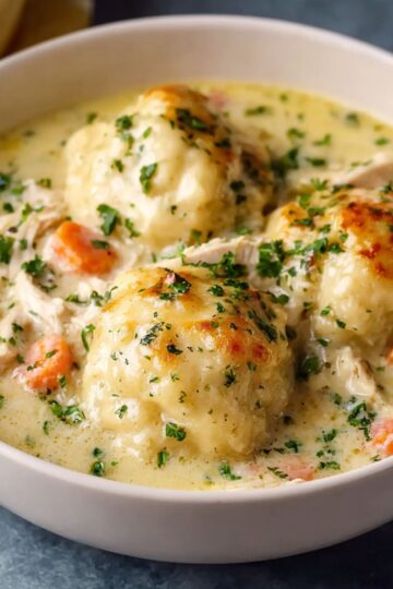 Healthy Chicken and Dumplings with Biscuits 2 Chicken and Dumplings with Biscuits A comforting bowl of turkey and dumplings, with fluffy dumplings floating in a rich, creamy broth. The dish features tender turkey pieces and a medley of vegetables like carrots and celery, making it the perfect hearty meal.