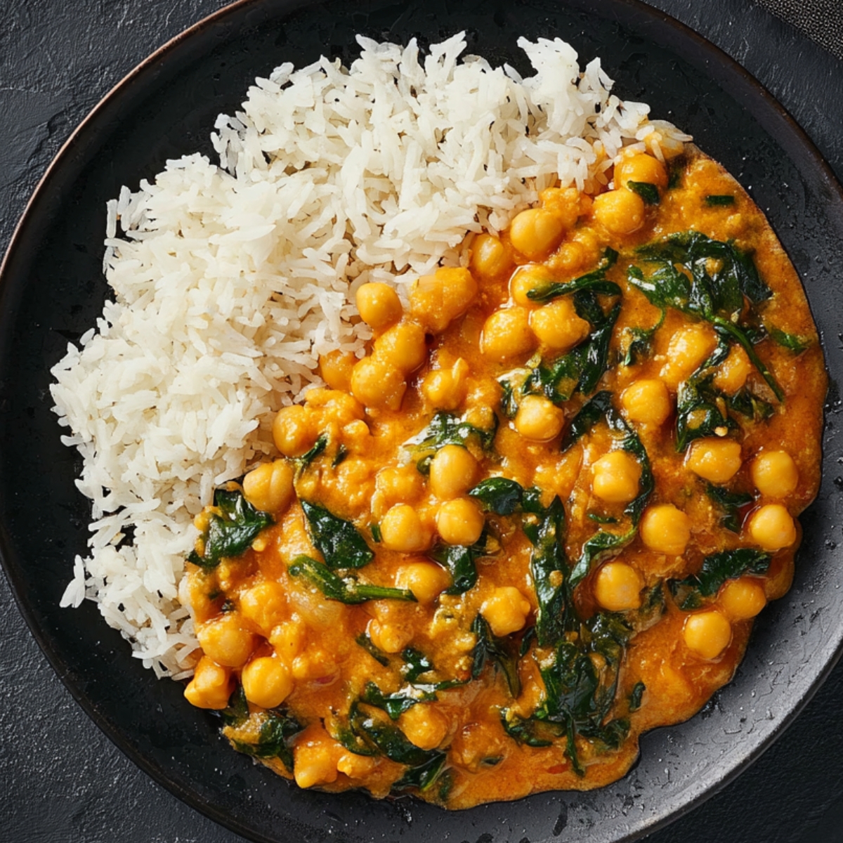 Chickpea Curry A black ceramic plate with white basmati rice and creamy chickpea curry with spinach, served on a dark surface. The curry has a rich orange color and a glossy texture, with soft natural lighting enhancing the details.