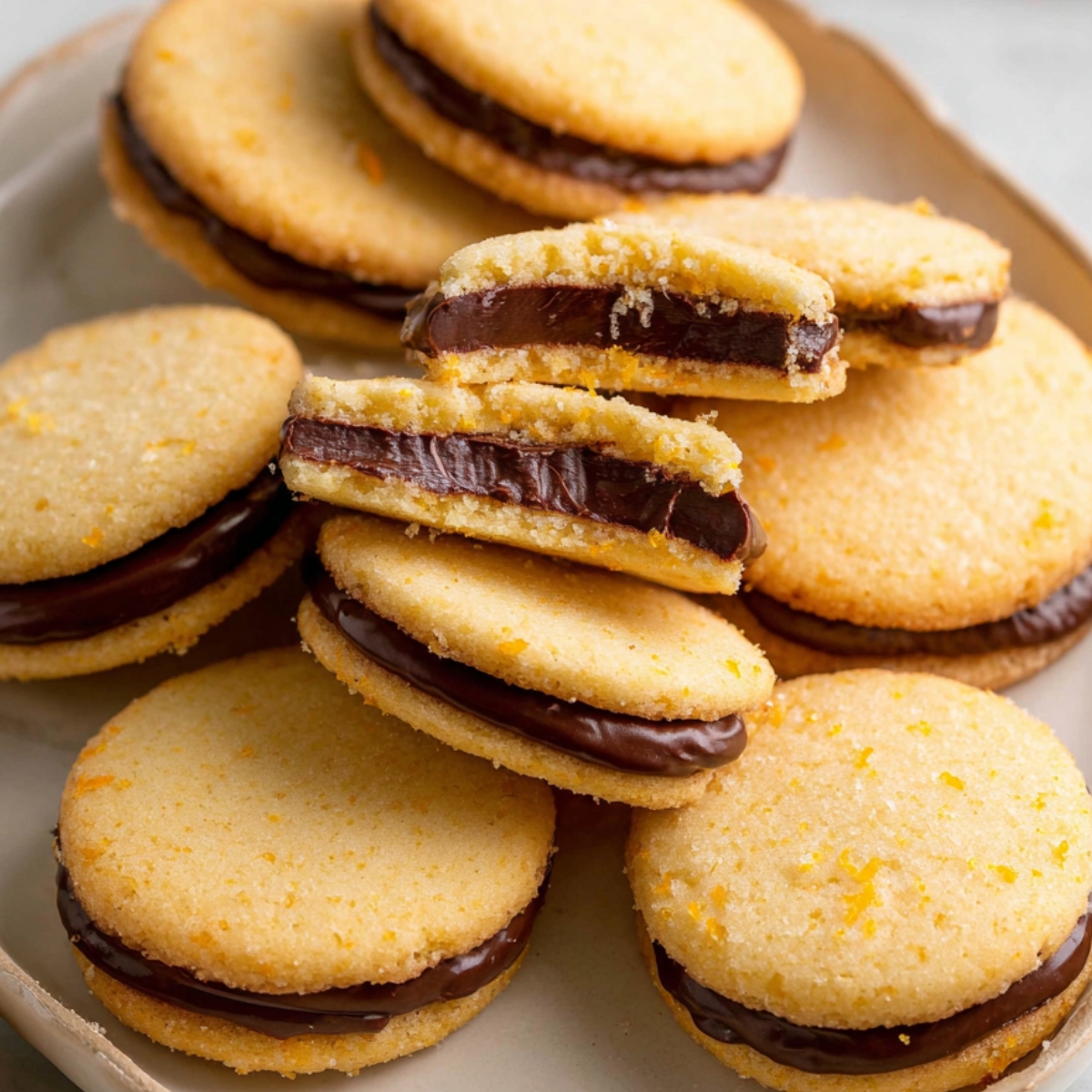 Chocolate Orange Sandwich Cookies A plate of orange butter cookies filled with chocolate ganache, some cookies slightly bitten to reveal the rich center.