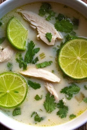 The Best Coconut Chicken Soup Recipe 2 Coconut Chicken Soup Recipe image shows a bowl of chicken coconut soup garnished with lime, cilantro, and chicken slices.