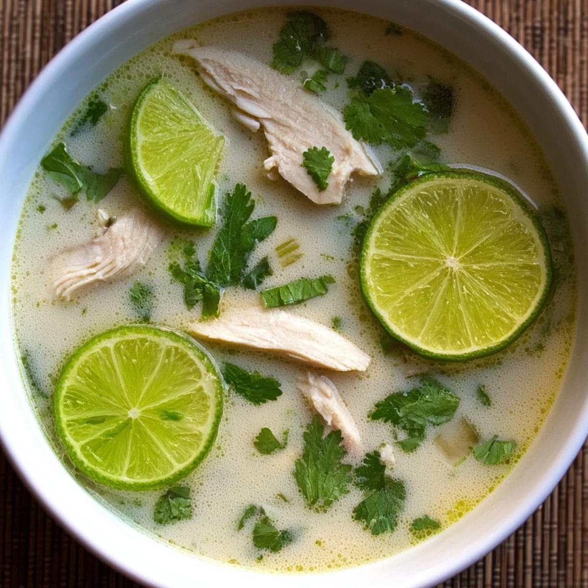 Coconut Chicken Soup Recipe image shows a bowl of chicken coconut soup garnished with lime, cilantro, and chicken slices.