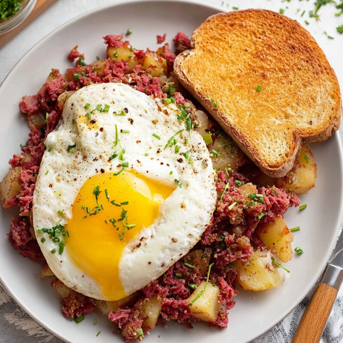Corned Beef Hash A plate of homemade corned beef hash, topped with a sunny-side-up egg and served with toasted bread.