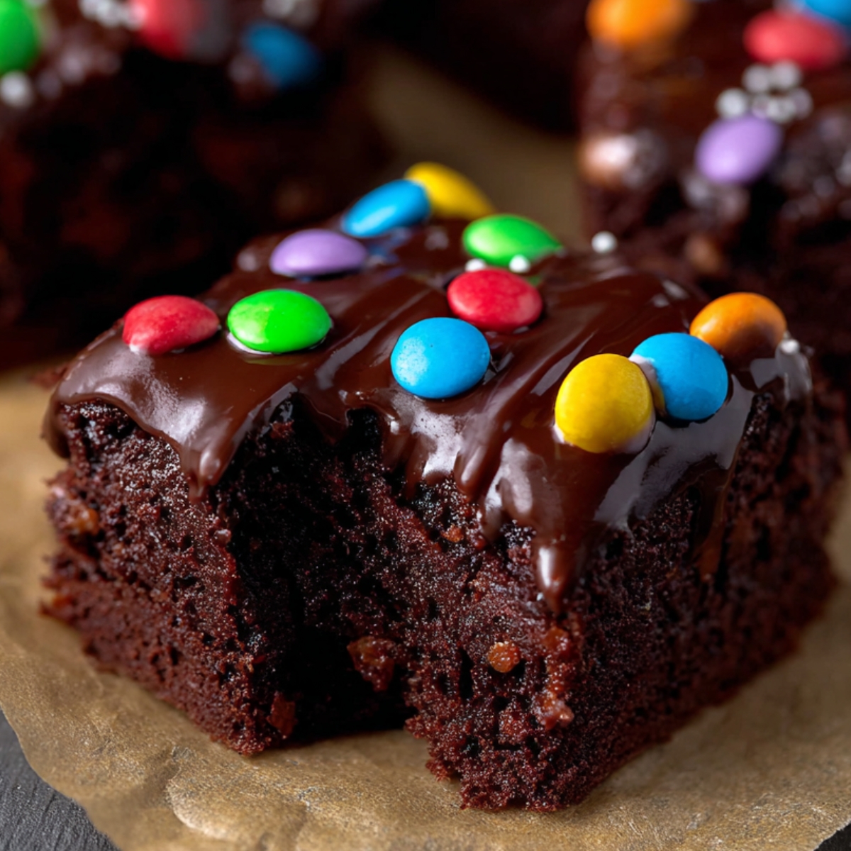 Easy Cosmic Brownies Recipe 9 Cosmic Brownies Recipe A fresh batch of brownies topped with shiny chocolate ganache and colorful candy-coated chocolates.