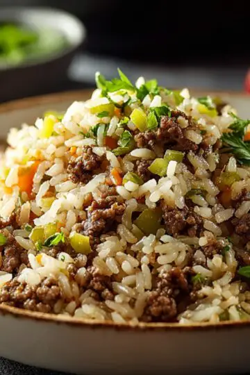 Delicious Dirty Rice Recipe 5 Dirty Rice Close-up food photography of a bowl of rice mixed with ground beef and finely chopped green peppers, Moroccan-style rice dish, served in a ceramic bowl, soft natural lighting, cozy kitchen atmosphere, high detail, realistic texture, shallow depth of field."