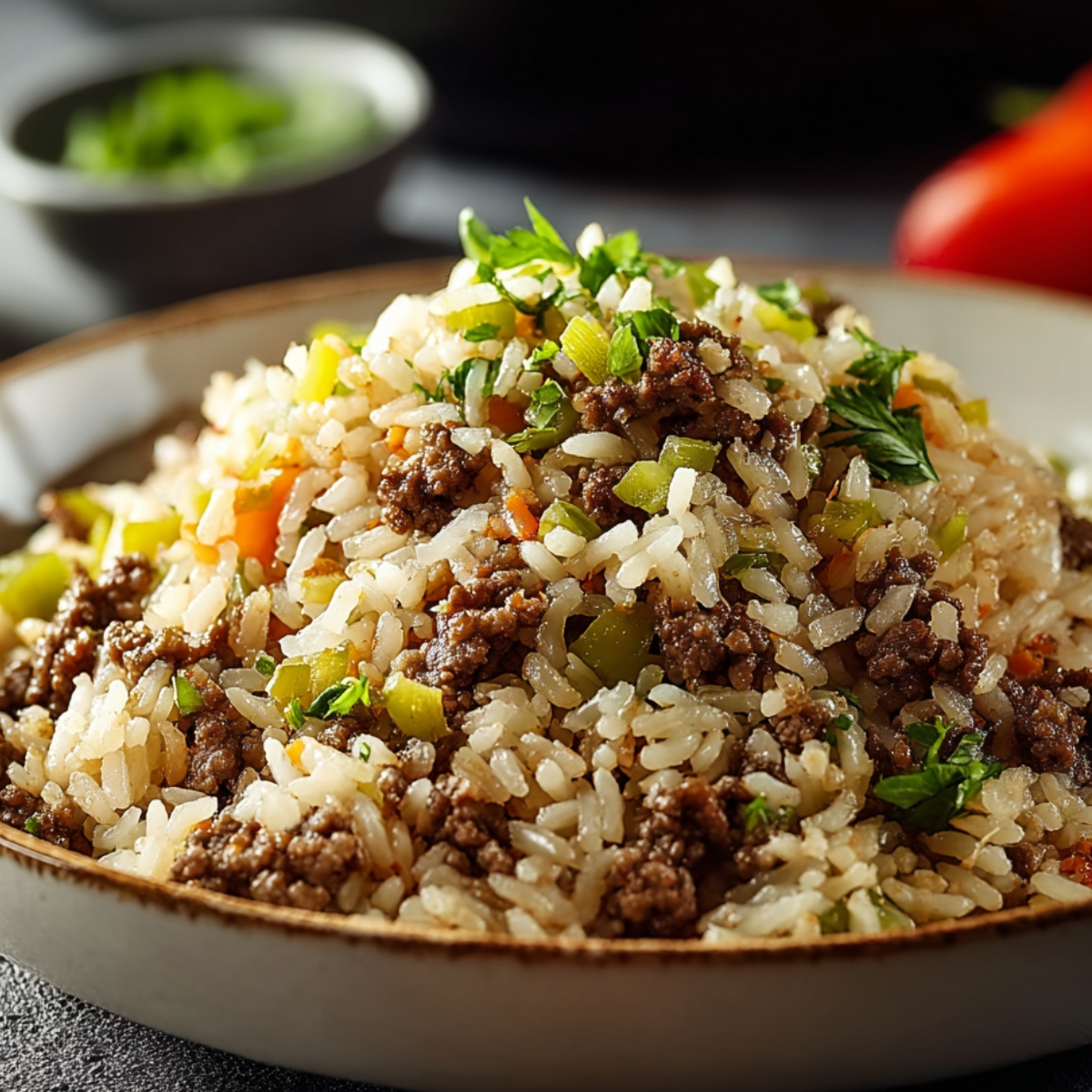 Dirty Rice Close-up food photography of a bowl of rice mixed with ground beef and finely chopped green peppers, Moroccan-style rice dish, served in a ceramic bowl, soft natural lighting, cozy kitchen atmosphere, high detail, realistic texture, shallow depth of field."