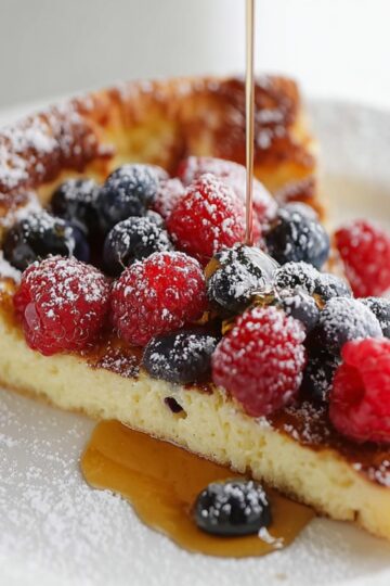Healthy Dutch Baby Pancake Recipe 16 Dutch Baby pancake Slice of Dutch baby pancake topped with powdered sugar, fresh raspberries and blueberries, and a drizzle of syrup.