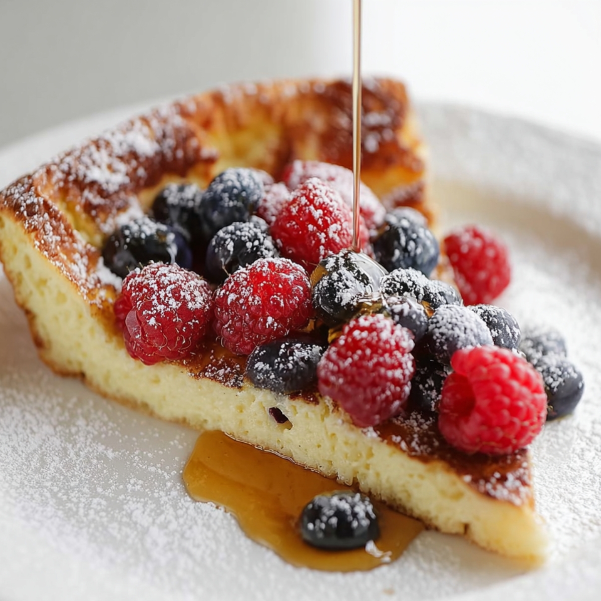Dutch Baby pancake Slice of Dutch baby pancake topped with powdered sugar, fresh raspberries and blueberries, and a drizzle of syrup.