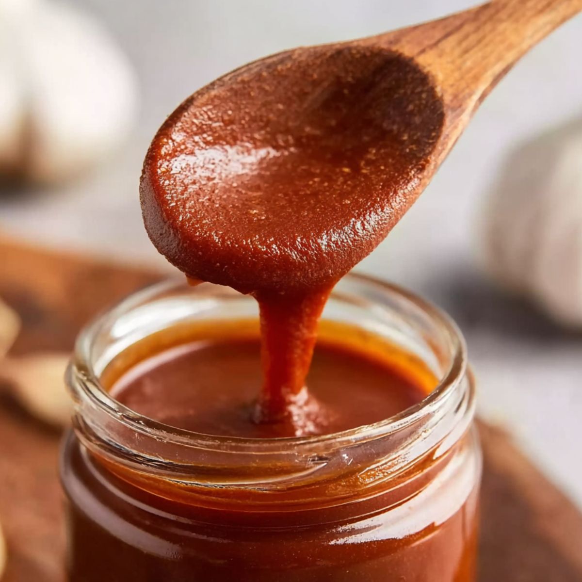Best Enchilada Sauce Recipe 9 Enchilada Sauce Extreme close-up of a wooden spoon lifting thick, smooth reddish-brown sauce from a small glass jar, glossy texture with sauce dripping back into the jar, garlic bulb blurred in the background, soft natural lighting, shallow depth of field, high-resolution food photography, realistic details, warm tones, studio quality.