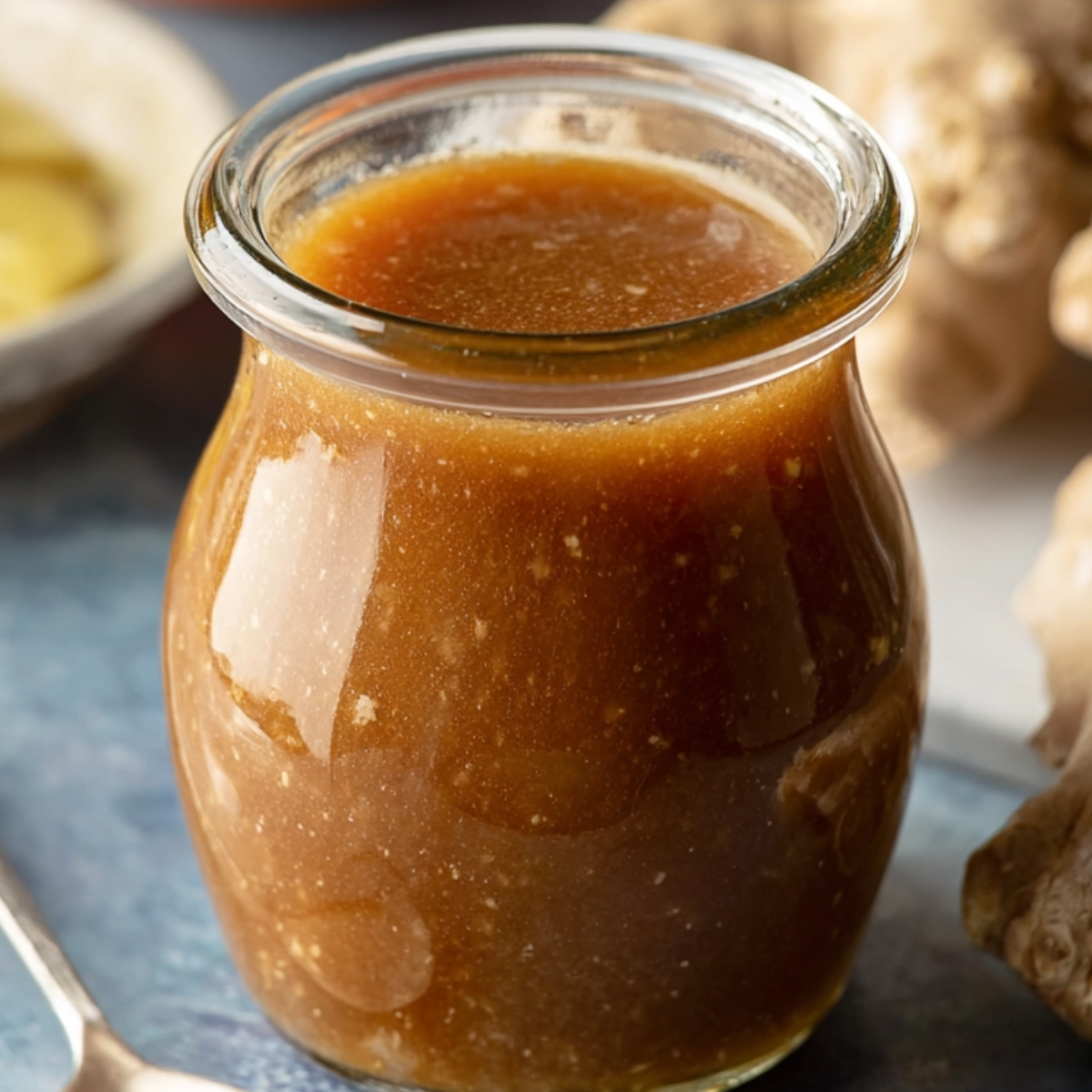 Ginger Dressing A jar filled with smooth ginger dressing, perfect for salads, with fresh ginger root in the background.